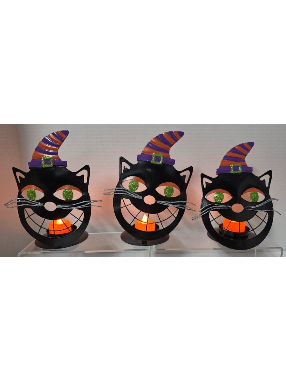 Set of 3 Black Cat Witch Candle Holders Halloween Decor + LED Tealights